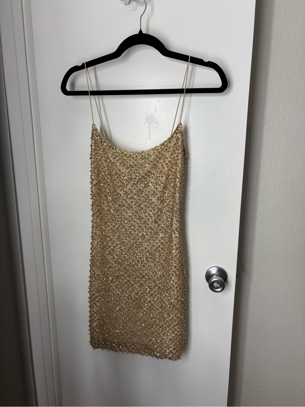 Gold Beaded Spaghetti Strap Mini Dress - Picture 2 of 4